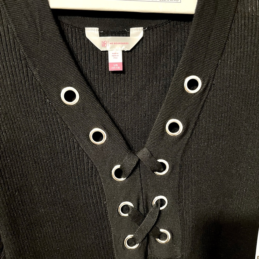 No Boundaries Black V-Neck Sweater with Lace-Up Detail